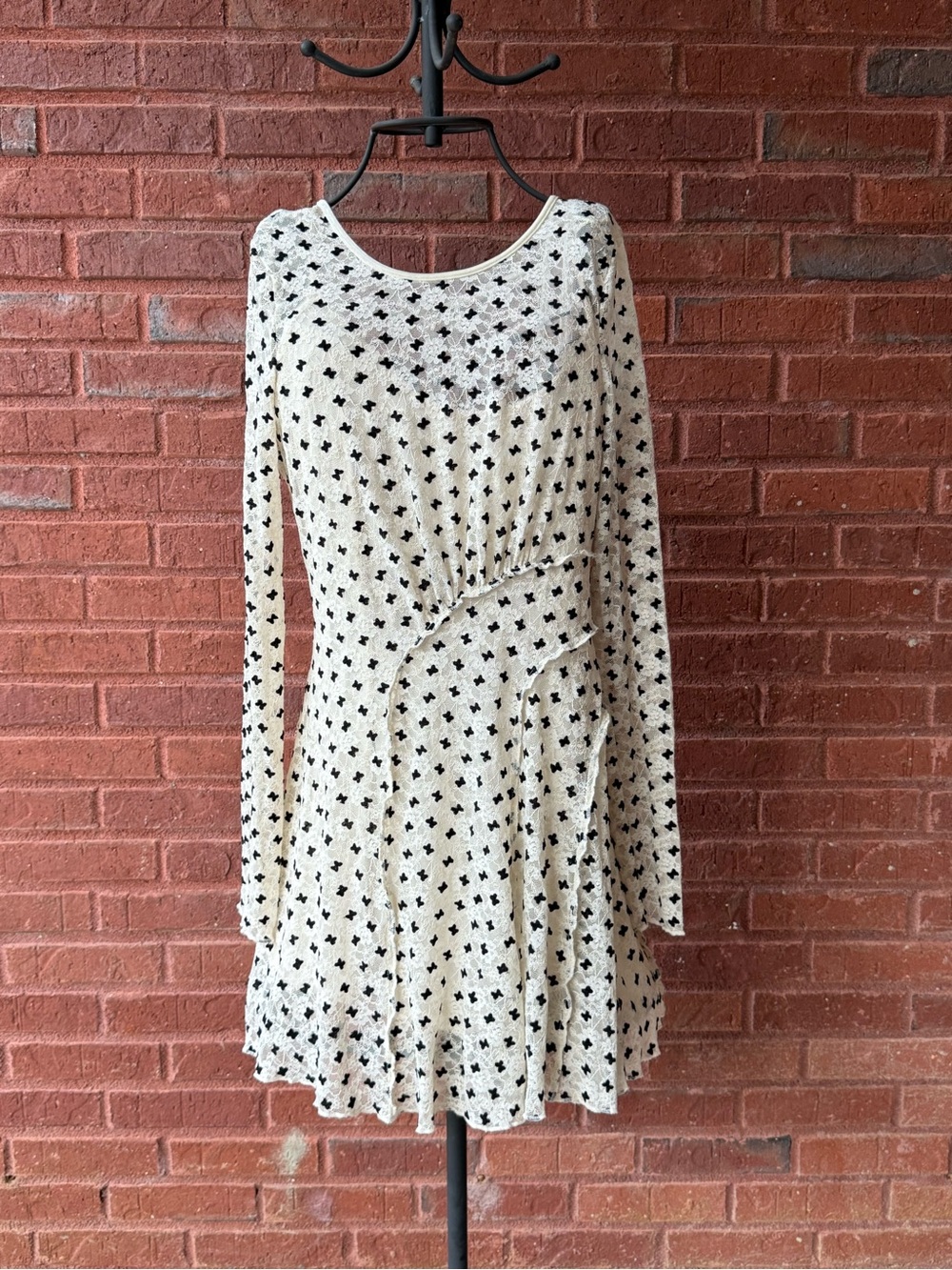 Free People Ivory Black Floral Lace Mini Dress Open Back Tie Size L
